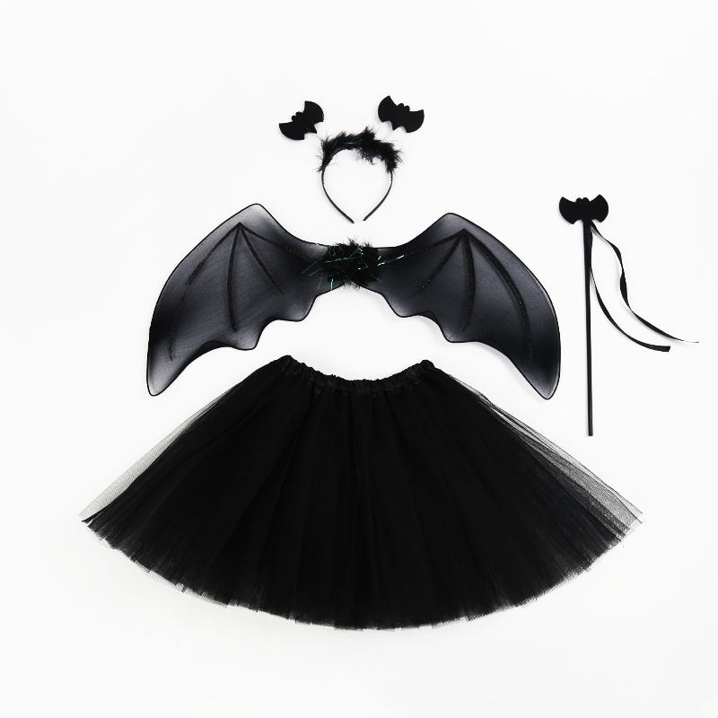 New Holiday Party Costumes Props  Black Mesh Skirt, Magic Wand Hair Band  4-piece Bat Wing Se